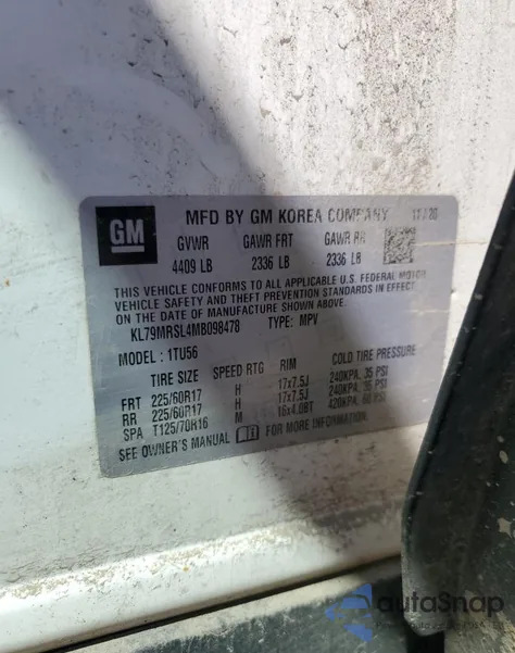 2021 Chevrolet Trailblazer Lt z USA, uszkodzony, nr VIN KL79MRSL4MB098478